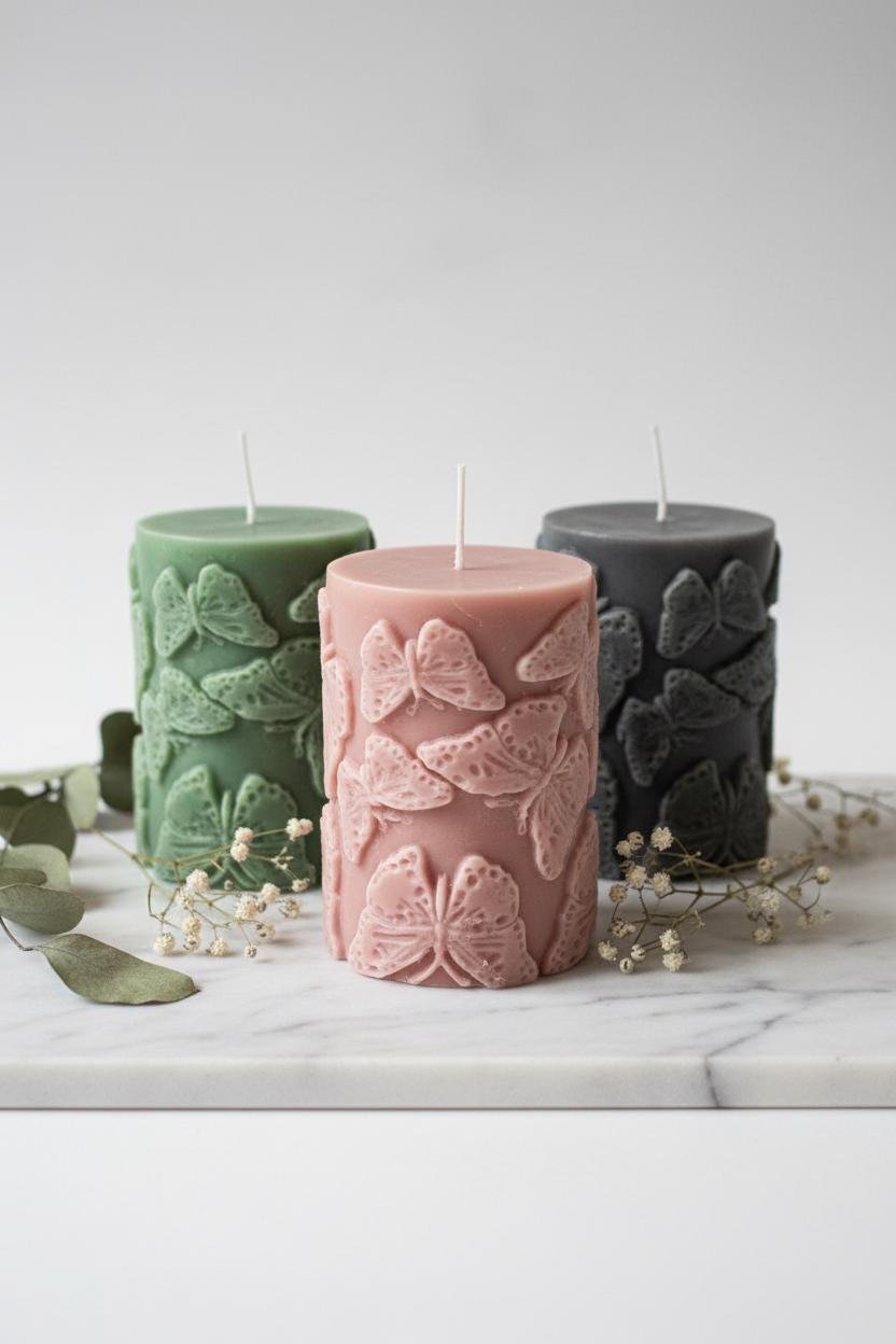 Butterfly Candle | Handmade Embossed Soy Pillar Candle | Butterfly Gift | Botanical Home Decor