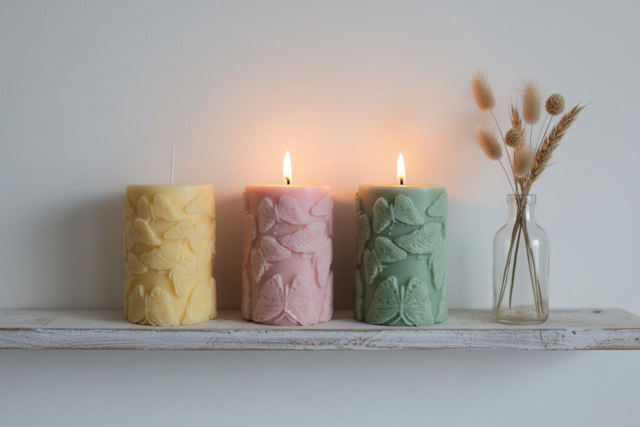 Butterfly Candle | Handmade Embossed Soy Pillar Candle | Butterfly Gift | Botanical Home Decor