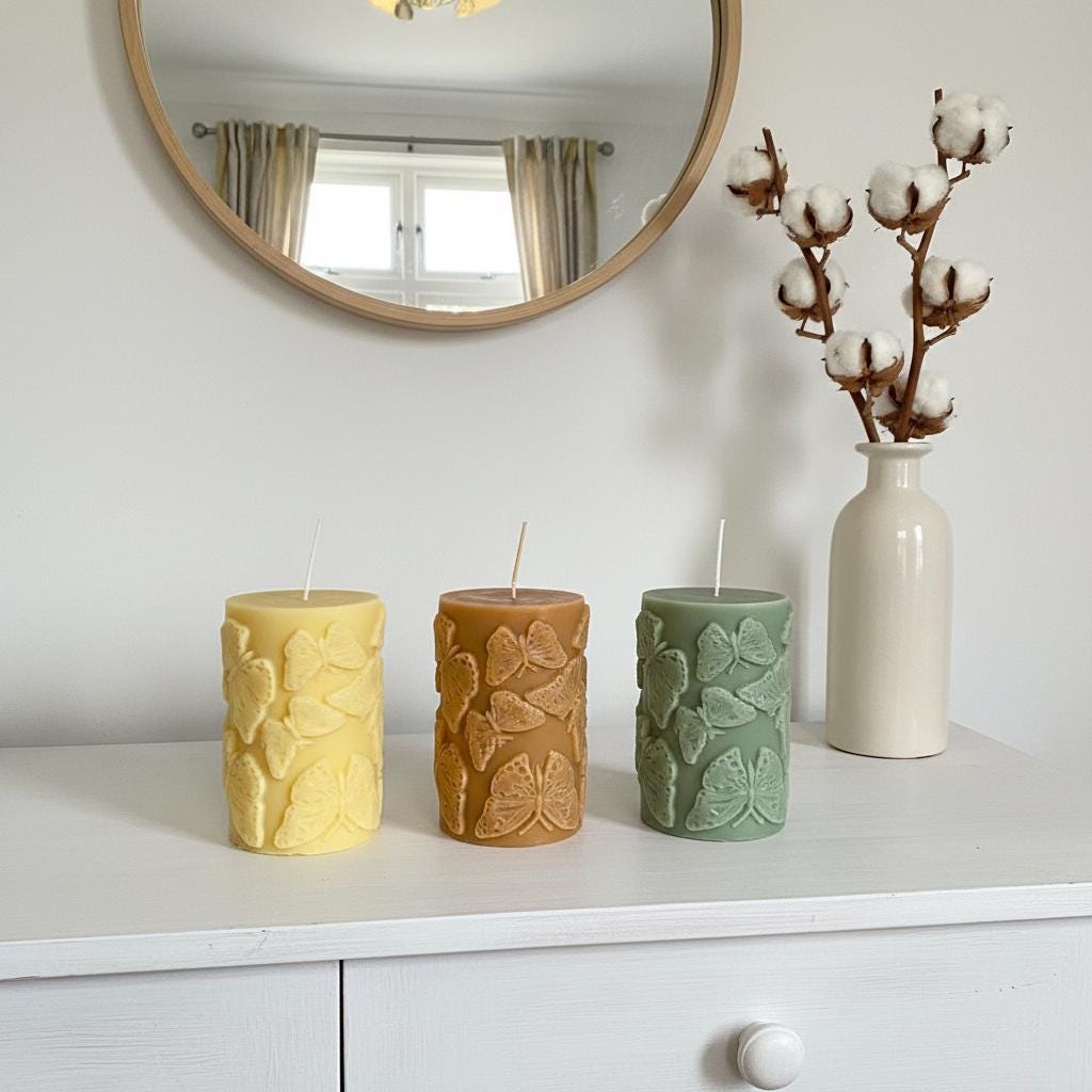 Butterfly Candle | Handmade Embossed Soy Pillar Candle | Butterfly Gift | Botanical Home Decor