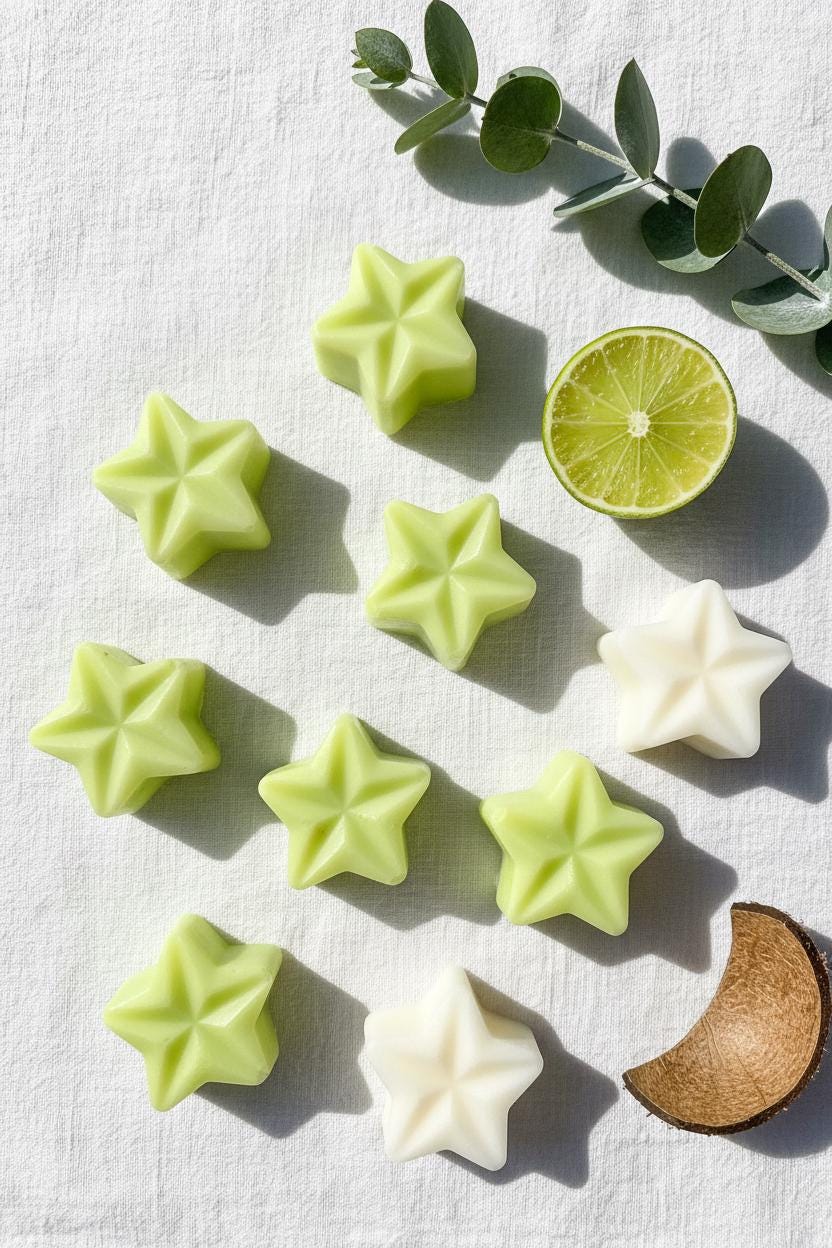 Coconut & Lime Soy Wax Melts | Highly Scented Tropical Vegan Wax Melts | Lime Green Star Wax Melt Pack | Home Fragrance UK | Pack of 5